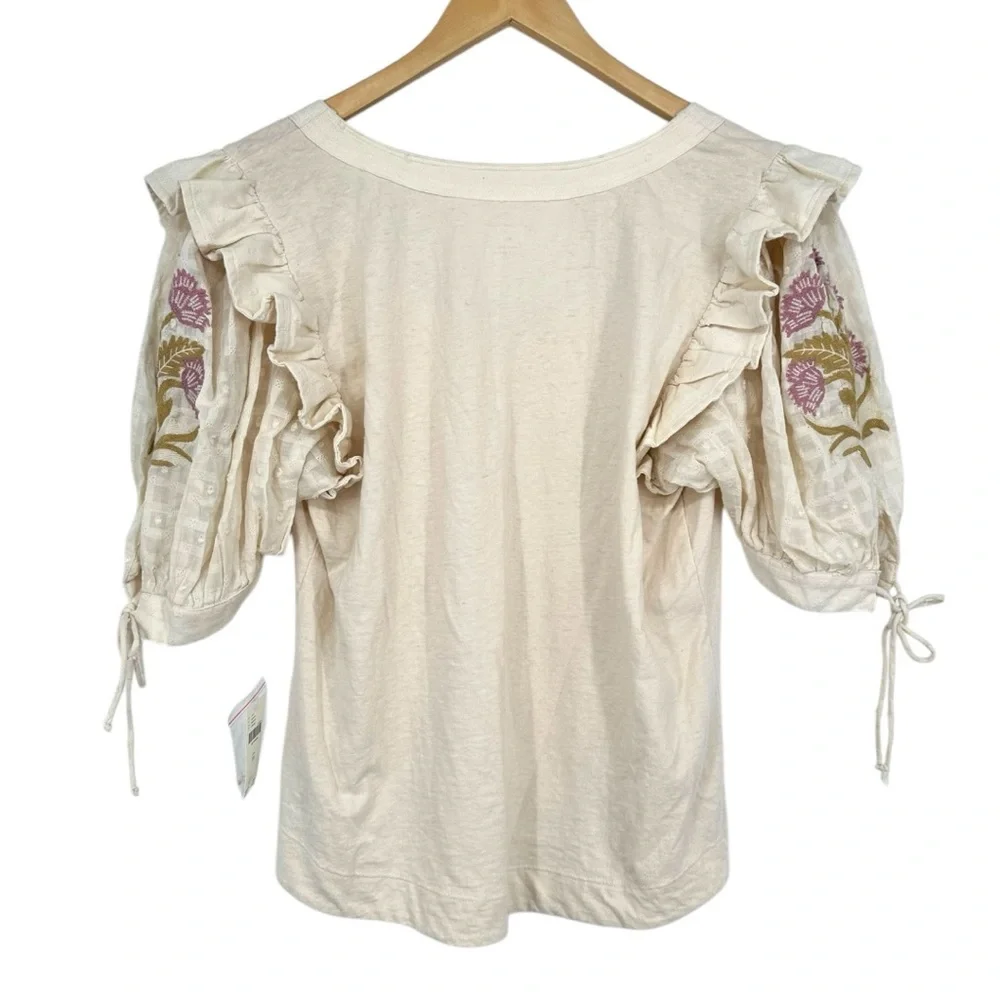 By Anthropologie Embroidered Elbow Puff-Sleeve Top size XL Cream Floral NWT
